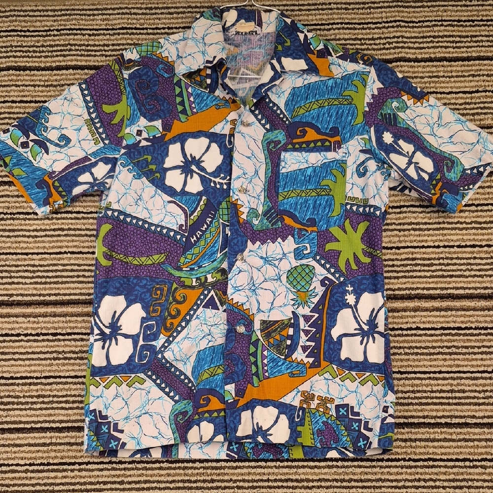 NAPILI‎ Hawaii Purple Blue White Green Abstract Sz M Hawaiian Shirt RARE VTG 50s